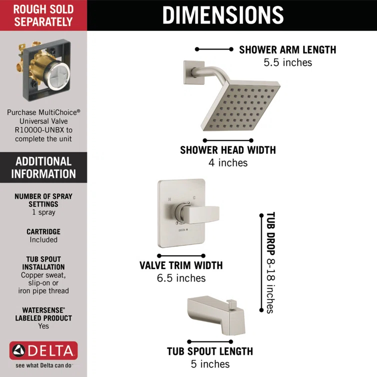 Modern Monitor 14 Series 1-handle Single Function Square Tub & Shower Trim
