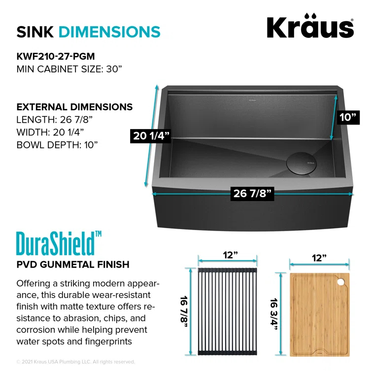 KRAUS Kore™ 27" L Farmhouse Apron Front Workstation 16 Gauge Black Stainless Steel Single Bowl Kitchen Sink