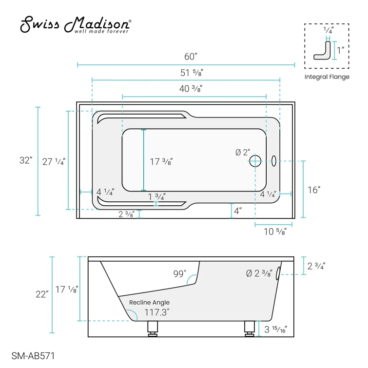 Claire 60" x 32" Alcove Tub with Corner Apron