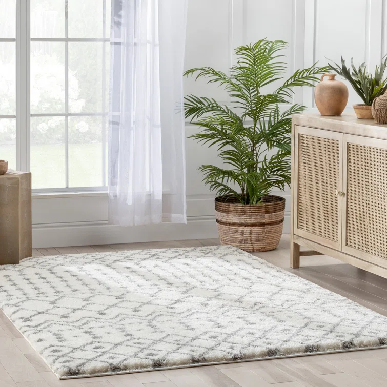 Coimbra Moroccan Diamond Pattern Ivory Thick & Soft Shag Rug