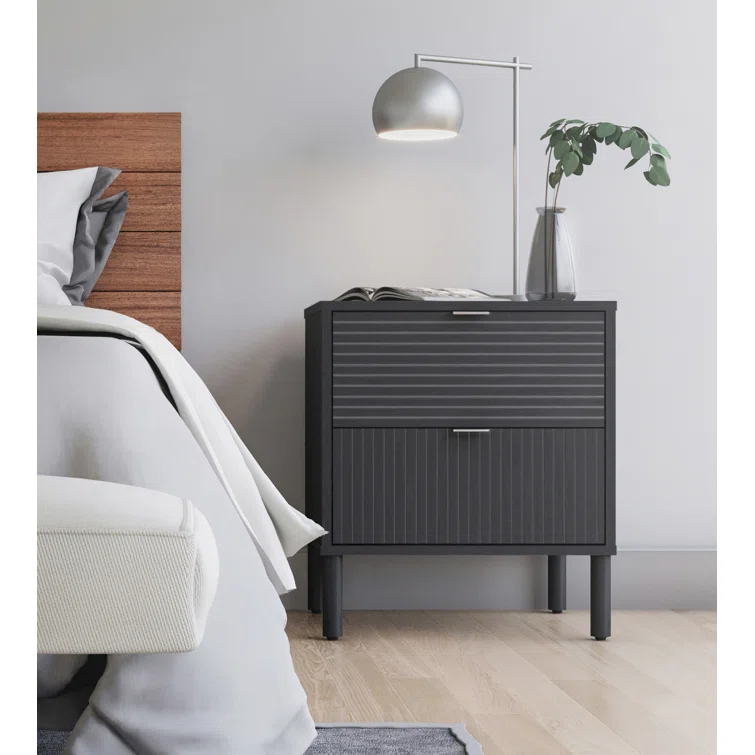 Sango Sango Merk 2-Drawer Solid Wood Nightstand, Drawers With Horizontal & Vertical Grooves