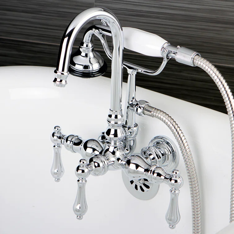 Kingston Brass Aqua Vintage Three-Handle 2-Hole Tub Wall Mount Clawfoot Tub Faucet with Hand Shower