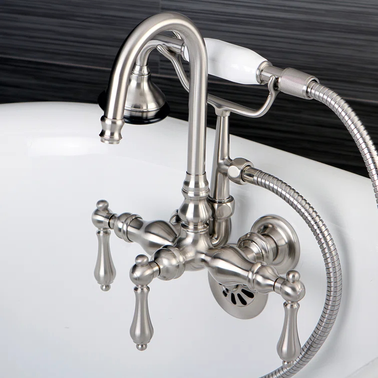 Kingston Brass Aqua Vintage Three-Handle 2-Hole Tub Wall Mount Clawfoot Tub Faucet with Hand Shower