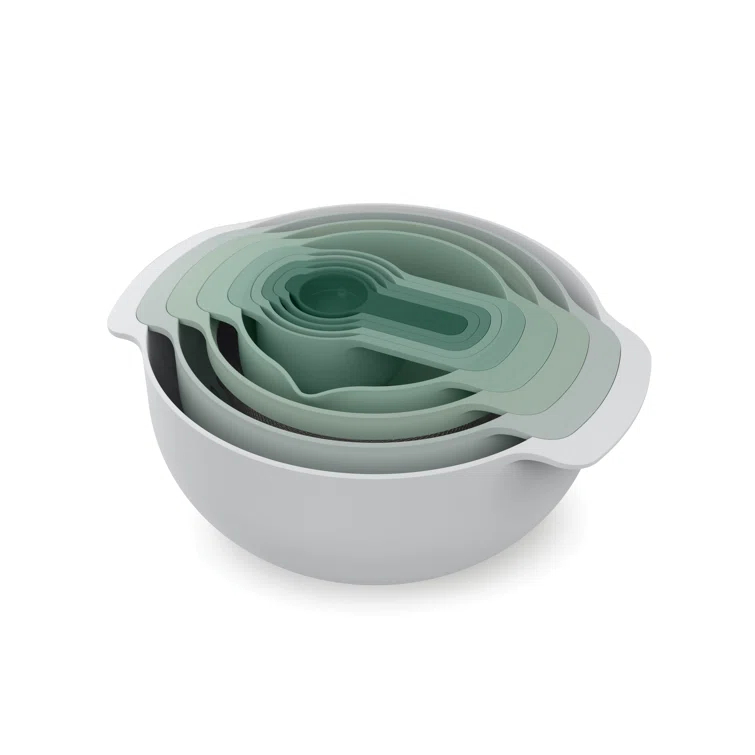 Joseph Joseph Nest 9 Plus, 9 Piece Compact Food Preparation Set with Mixing Bowls, Measuring cups, Sieve and Colander, Editions Range, Sage Green