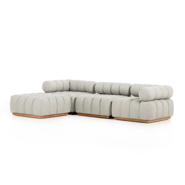 Gray Teak Wood Outdoor Sectional with Ottoman Set