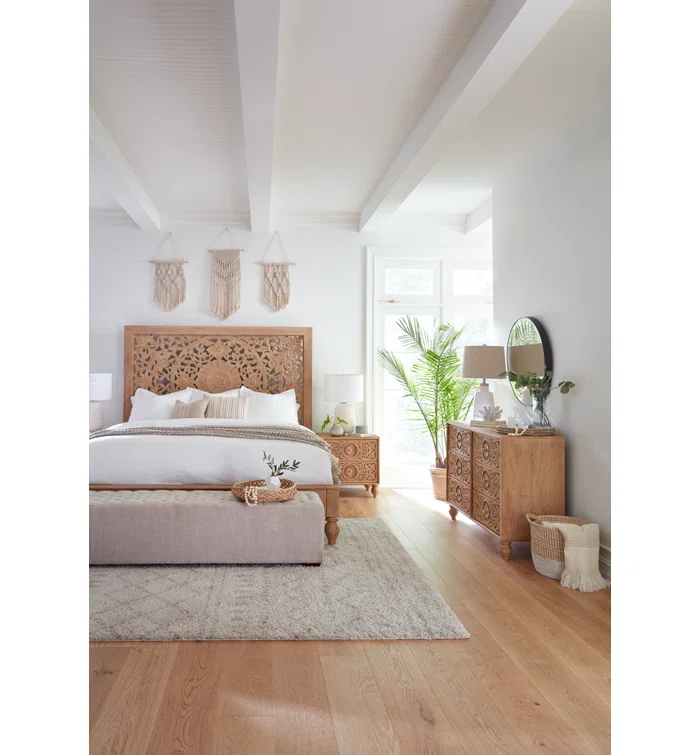 Transitional Heirloom Mango Wood Queen Platform Bed with Carved Headboard