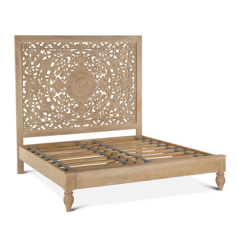 Transitional Heirloom Mango Wood Queen Platform Bed with Carved Headboard