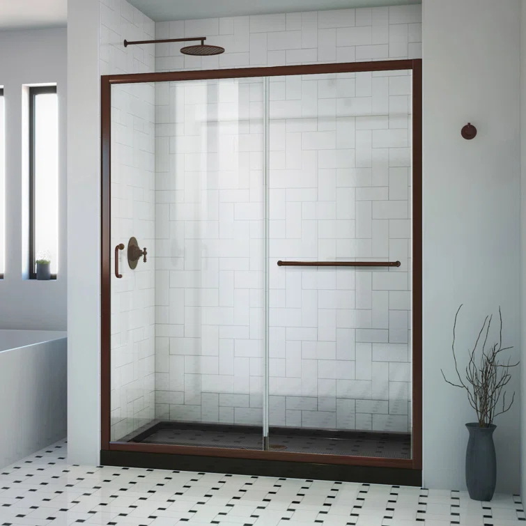 Infinity-Z 60" W x 30" D x 74.75" H Semi Frameless Rectangle Tub Enclosure with Towel Bar and Base Included