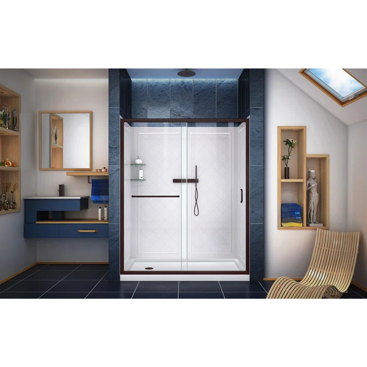 Infinity-Z 60" W x 30" D x 76.75" H Semi-Frameless Rectangle Shower Enclosure with Towel Bar and Base Included
