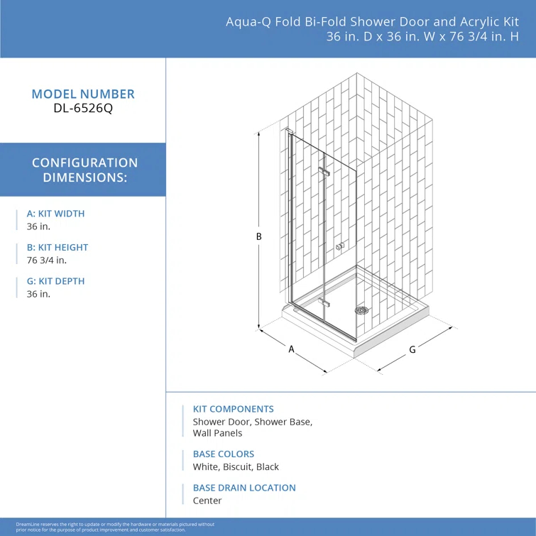 Aqua-Q Fold 36 W X 36 D X 76.75 H Frameless Square Shower Kit