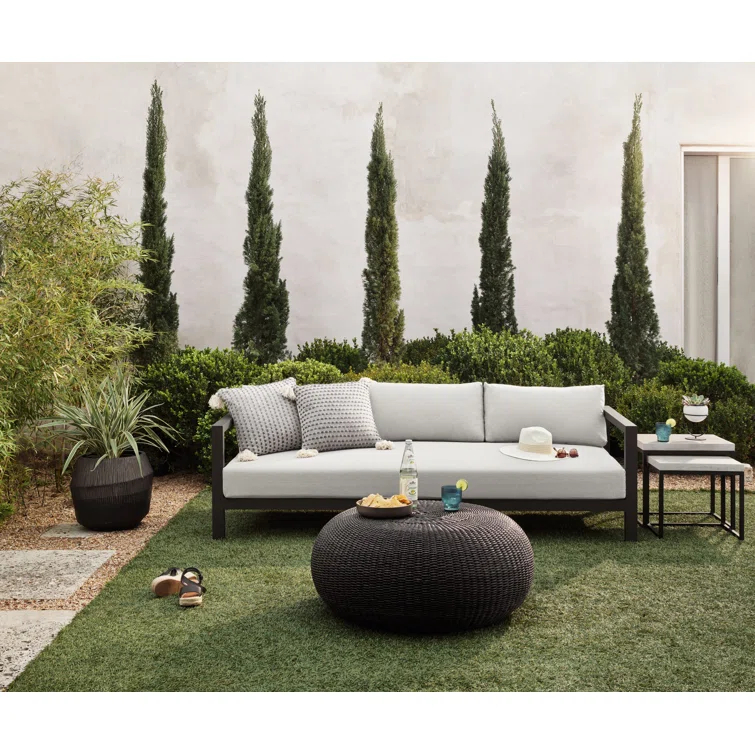 Contemporary Bronze-Finished Teak 87'' Three-Seater Sofa in Stone Grey