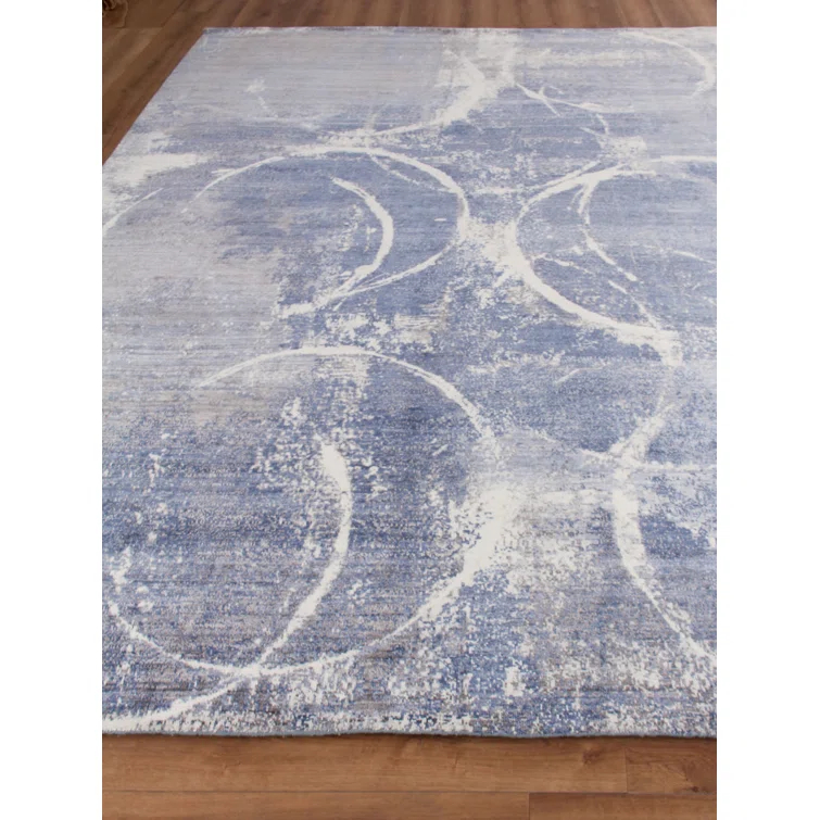 Exquisite Rugs Fine Pure Silk Handmade Hand Knotted Silk Blue/Gray/Ivory Area Rug