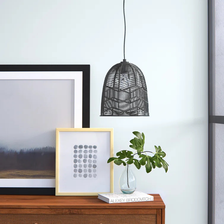 10"W Amher 1-Light Black Rattan Pendant Light