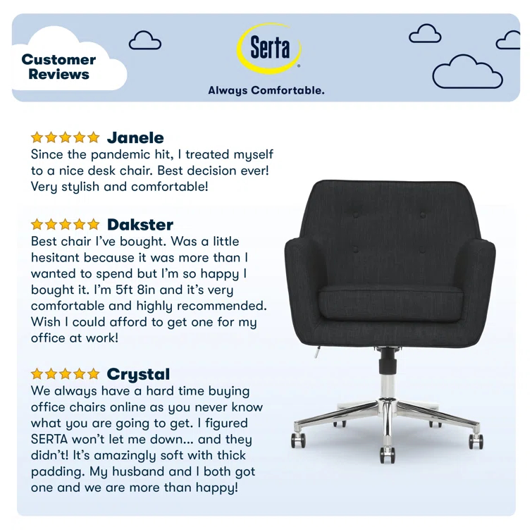 Serta Ashland Modern Office Chair, Mid-Back, Quality Memory Foam Cushion, Metal Base Chrome Finish