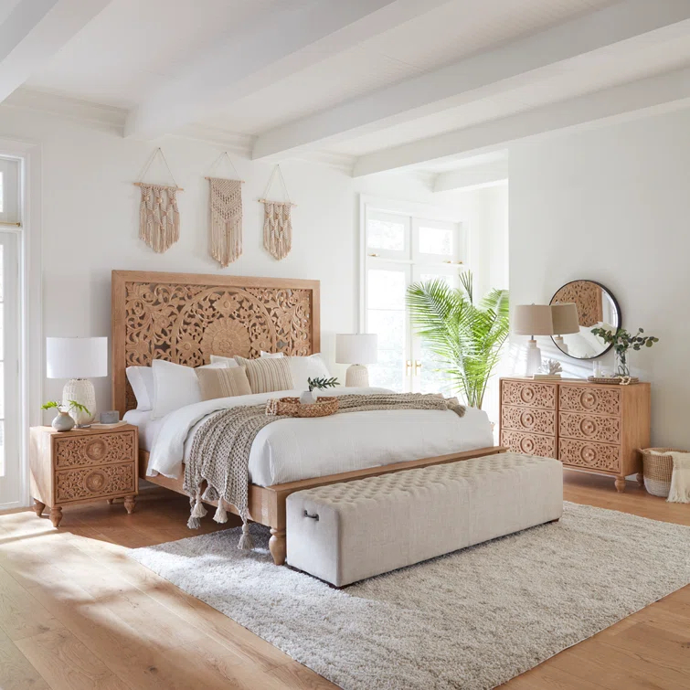 Transitional Heirloom Mango Wood Queen Platform Bed with Carved Headboard
