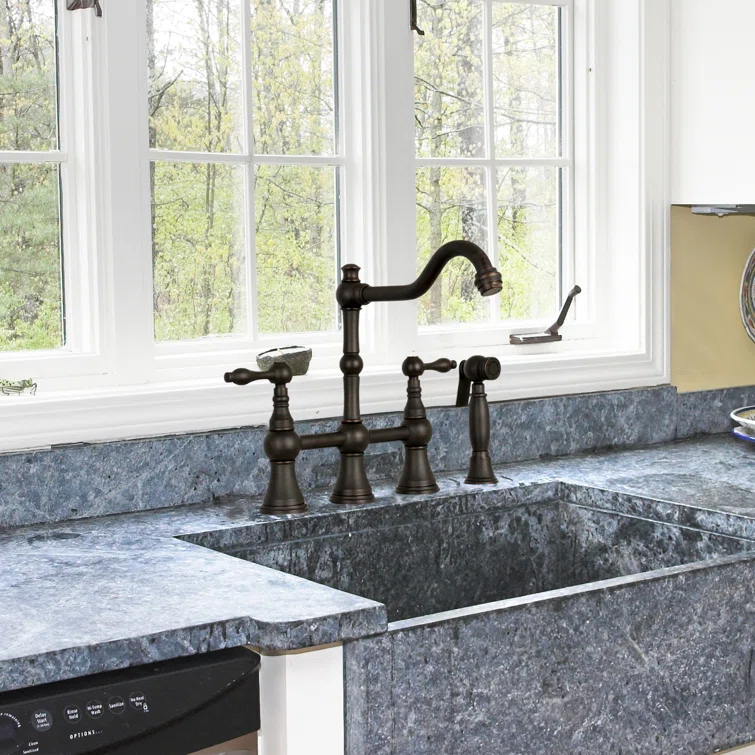 Brass Heritage Bridge Kitchen Faucet with Side Spray 2 Handles