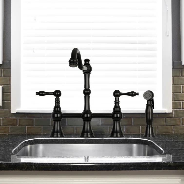 Brass Heritage Bridge Kitchen Faucet with Side Spray 2 Handles