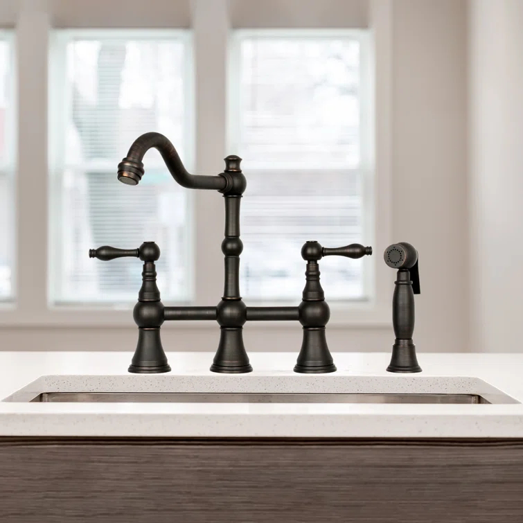 Brass Heritage Bridge Kitchen Faucet with Side Spray 2 Handles
