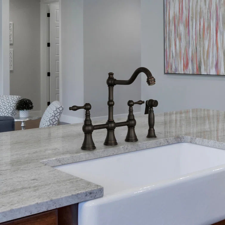 Brass Heritage Bridge Kitchen Faucet with Side Spray 2 Handles