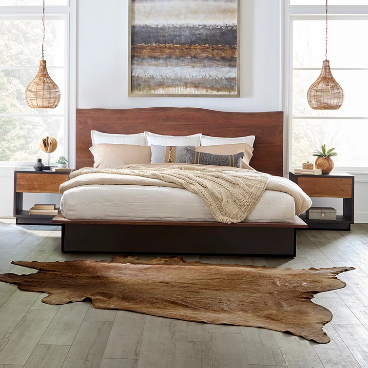 Acacia Wood Queen Bed with Live Edge Headboard in Raw Walnut Finish