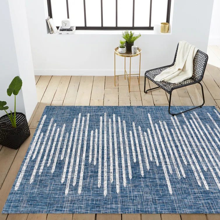 Grundy Berber Stripe Geometric Blue/Ivory Indoor/Outdoor Rug