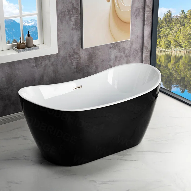 WoodBridge 59'' x 28.75'' Freestanding Soaking Acrylic Bathtub BTA-1816:Black/Brushed Nickel