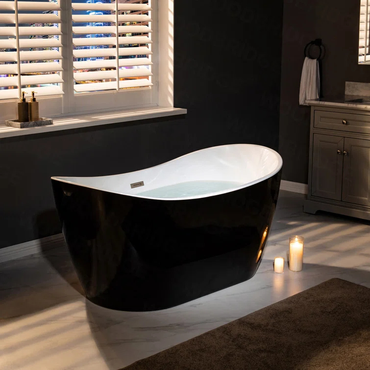 WoodBridge 59'' x 28.75'' Freestanding Soaking Acrylic Bathtub BTA-1816:Black/Brushed Nickel