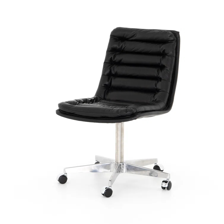 Black Leather Armless Swivel Task Chair with Wood Base