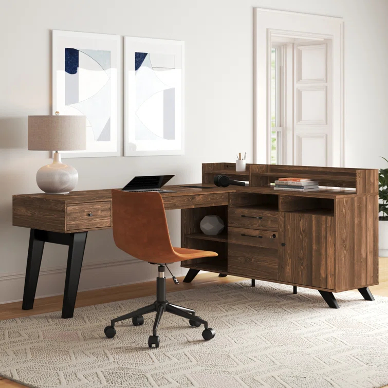 Helsy L-Shaped Desk with Power Bar and Removable Hutch Natural Walnut