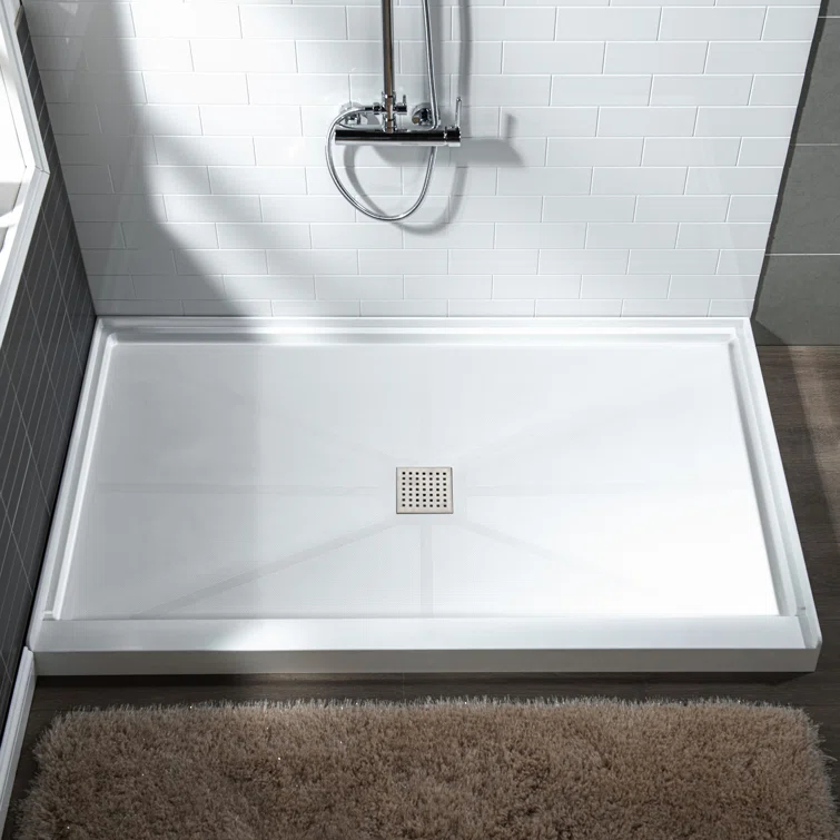 60" x 36" Solid Surface Single Threshold Shower Pan Base with Drain Assembly & Drain Cover Included, Non-Slip