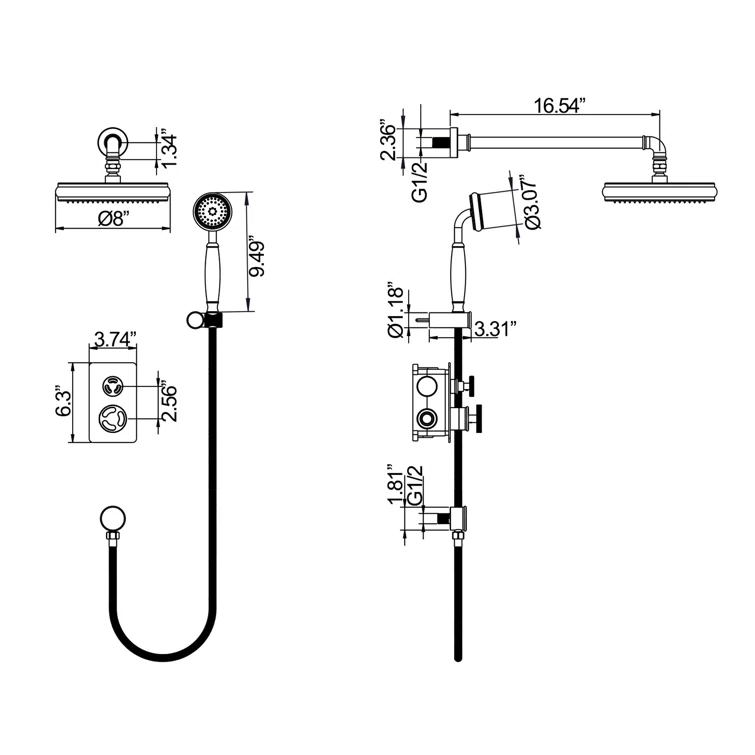 8" Antique Shower Faucet Sets Complete Rain Shower System in Wall, Brass Shower Fixtures with Rainfall Overhead Shower, Handheld, Shower Valve &Trim