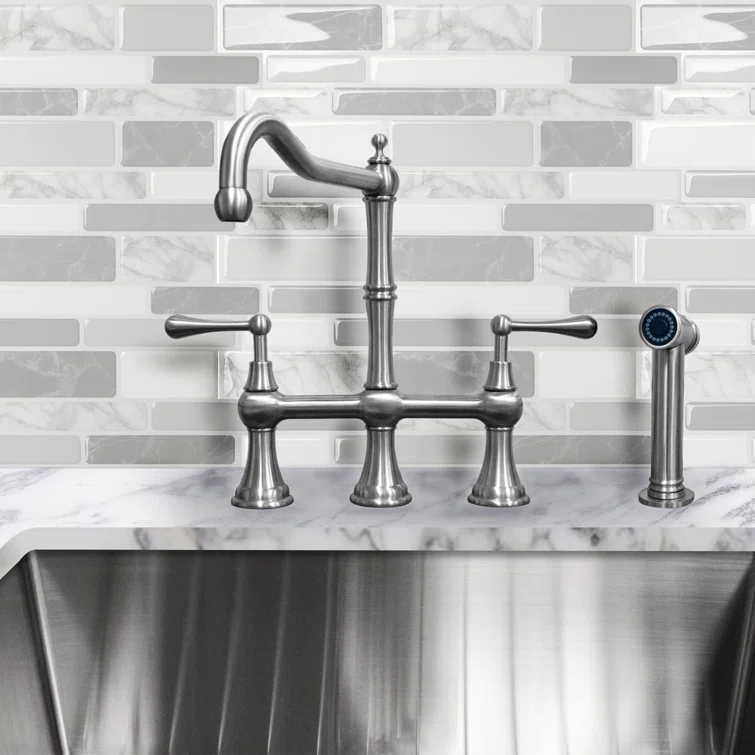 Whitehaus Collection Lead-Free Solid Stainless Steel Bridge Faucet with a Long Traditional Spout, Lever Handles and Side Spray