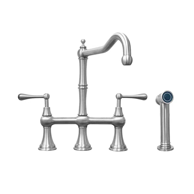 Whitehaus Collection Lead-Free Solid Stainless Steel Bridge Faucet with a Long Traditional Spout, Lever Handles and Side Spray