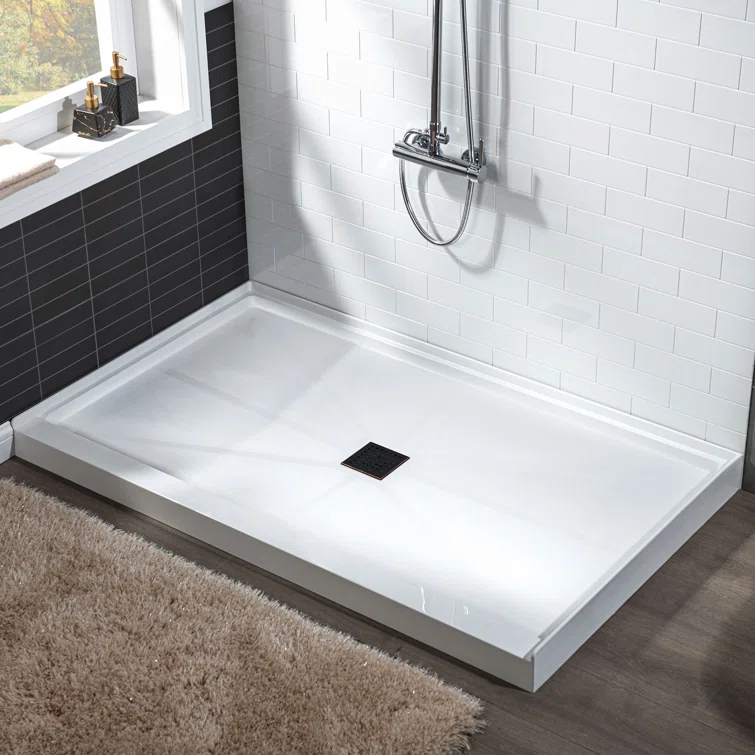 36" Solid Surface Square Single Threshold Shower Pan Base with Drain Assembly & Drain Cover Included, Non-Slip