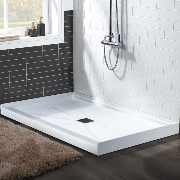 36" Solid Surface Square Single Threshold Shower Pan Base with Drain Assembly & Drain Cover Included, Non-Slip