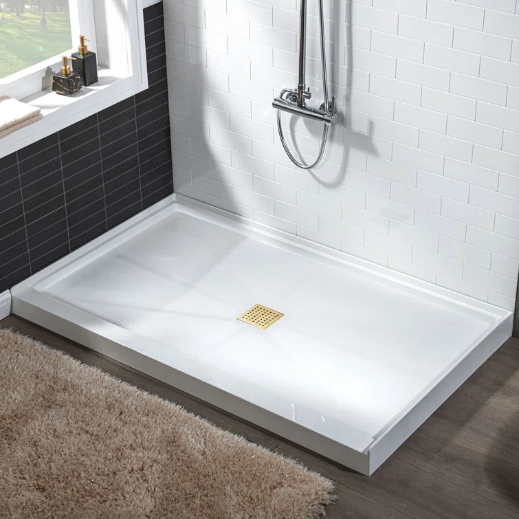 36" Solid Surface Square Single Threshold Shower Pan Base with Drain Assembly & Drain Cover Included, Non-Slip