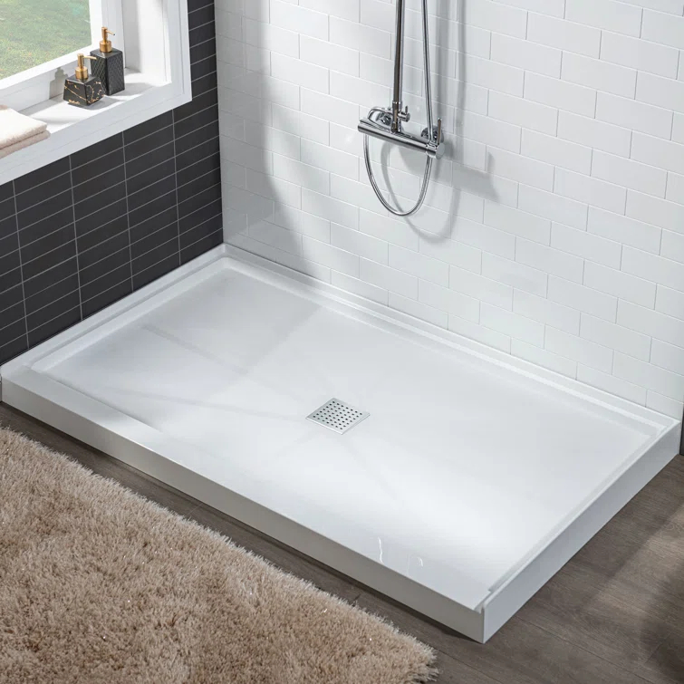 48" W x 36" Solid Surface Single Threshold Shower Pan Base with Drain Assembly & Drain Cover Included, Non-Slip