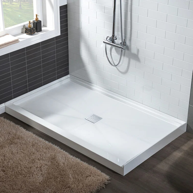 36" Solid Surface Square Single Threshold Shower Pan Base with Drain Assembly & Drain Cover Included, Non-Slip