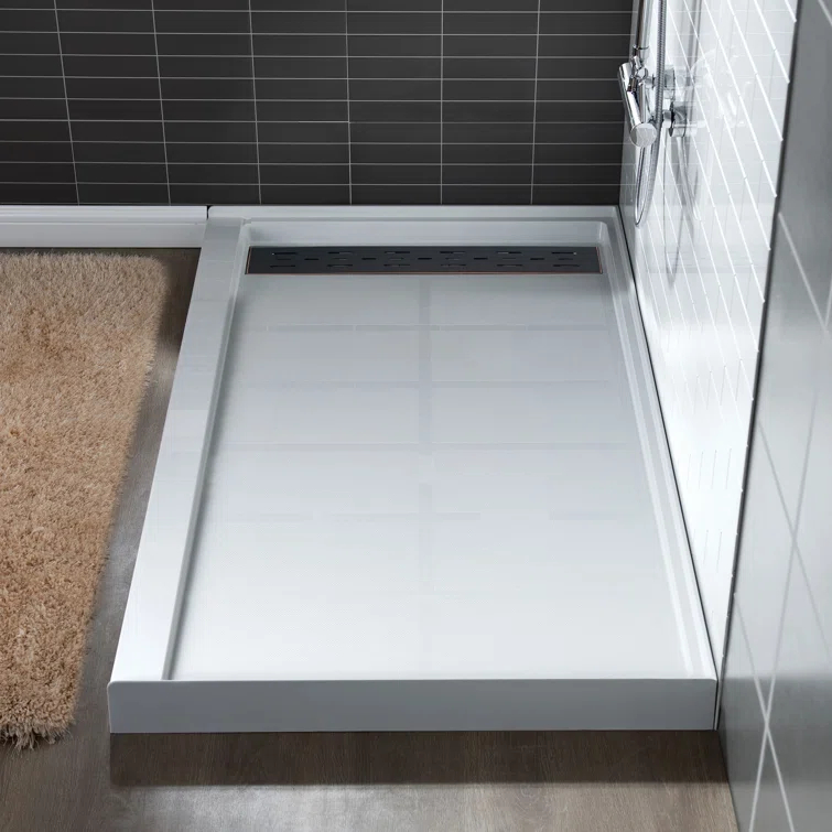 60" x 36" Solid Surface Single Threshold Shower Pan Base with Drain Assembly & Drain Cover Included, Non-Slip