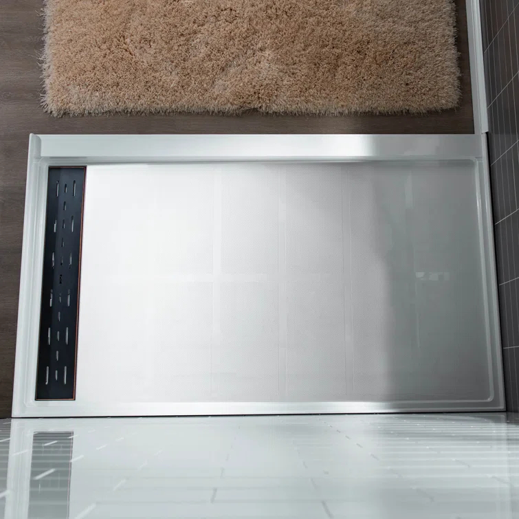 60" x 36" Solid Surface Single Threshold Shower Pan Base with Drain Assembly & Drain Cover Included, Non-Slip