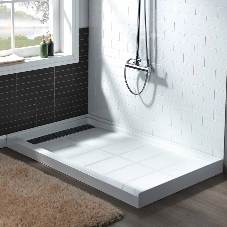 60" x 36" Solid Surface Single Threshold Shower Pan Base with Drain Assembly & Drain Cover Included, Non-Slip