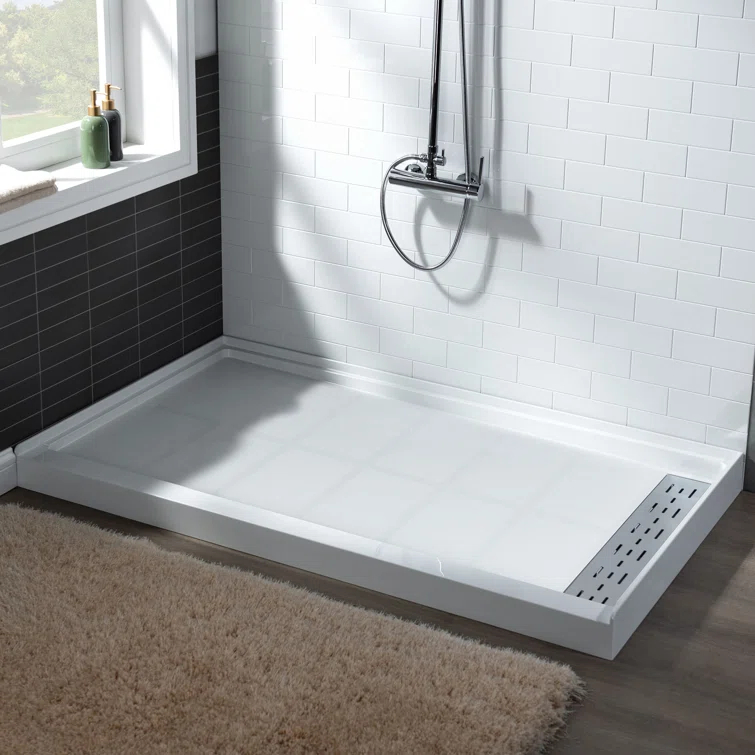 48" W x 36" Solid Surface Single Threshold Shower Pan Base with Drain Assembly & Drain Cover Included, Non-Slip
