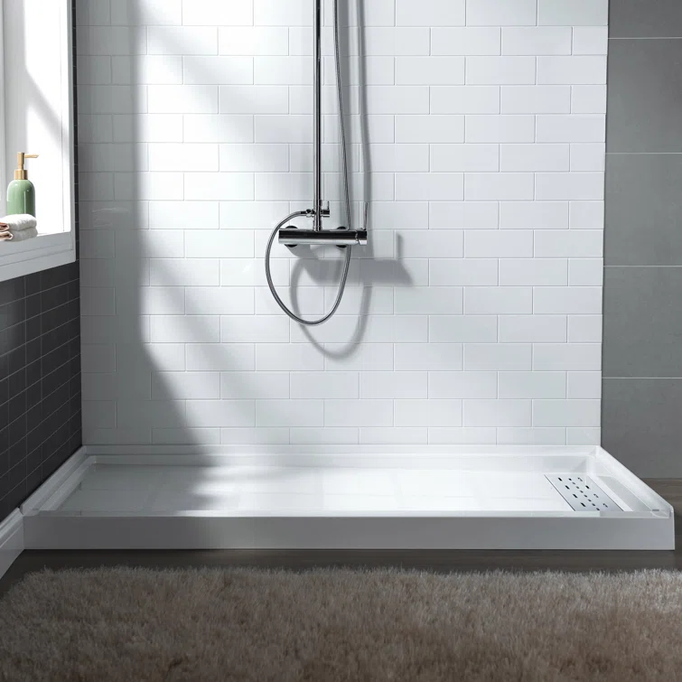48" W x 36" Solid Surface Single Threshold Shower Pan Base with Drain Assembly & Drain Cover Included, Non-Slip