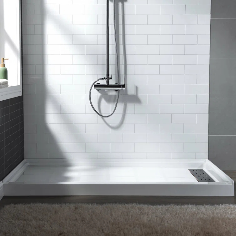 60" x 36" Solid Surface Single Threshold Shower Pan Base with Drain Assembly & Drain Cover Included, Non-Slip