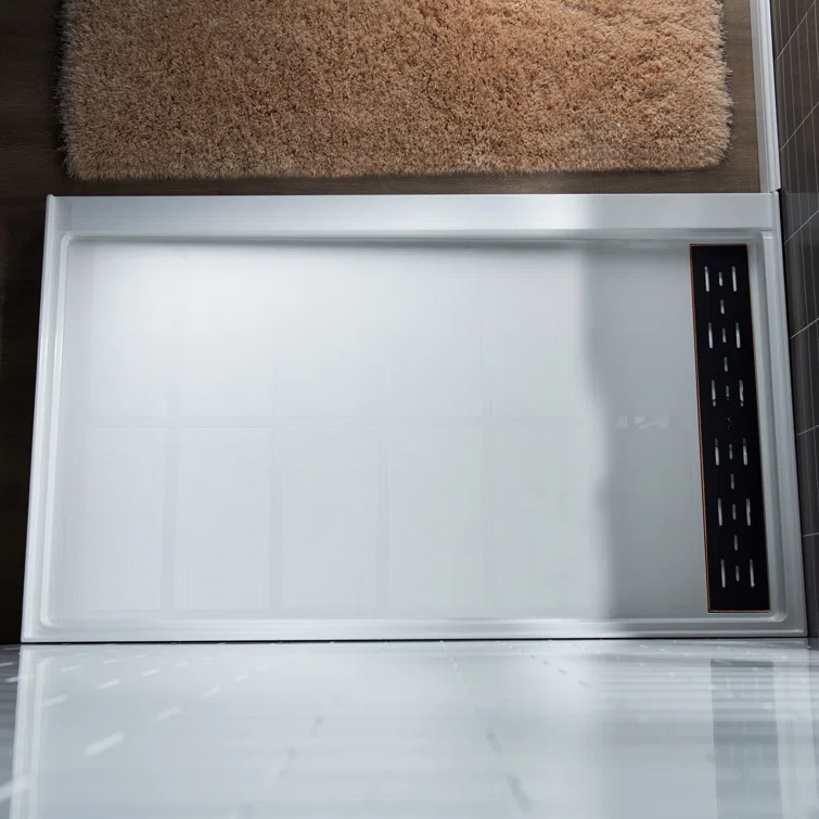 60" x 36" Solid Surface Single Threshold Shower Pan Base with Drain Assembly & Drain Cover Included, Non-Slip