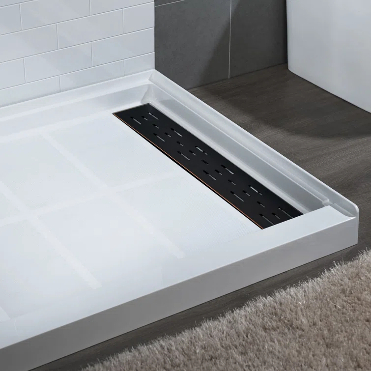 60" x 36" Solid Surface Single Threshold Shower Pan Base with Drain Assembly & Drain Cover Included, Non-Slip