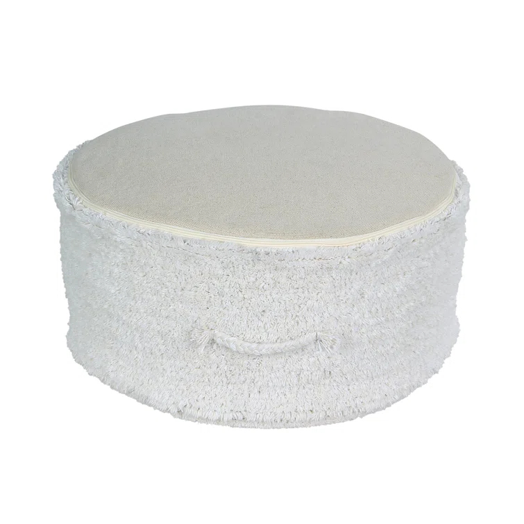 Ivory White Cotton Round Pouf Ottoman