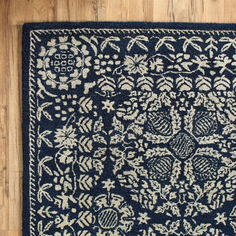 Blue and Gray Rectangular Hand-Tufted Wool Rug