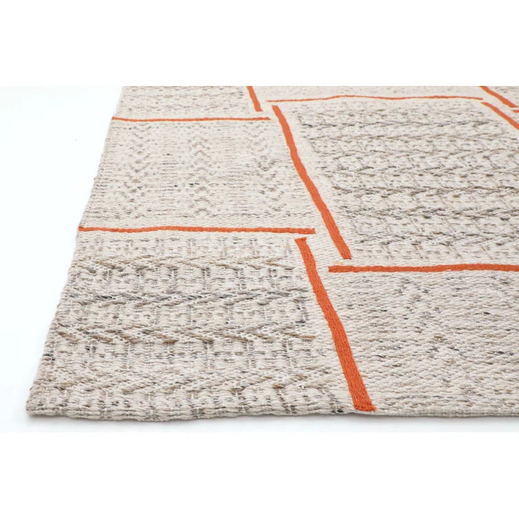 Ivory and Orange Rectangular Synthetic Indoor/Outdoor Rug