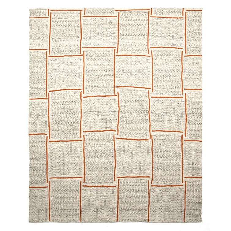 Ivory and Orange Rectangular Synthetic Indoor/Outdoor Rug